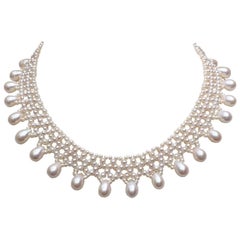 Marina J .Collar de perlas tejidas con gotas de perlas en oro amarillo de 14k