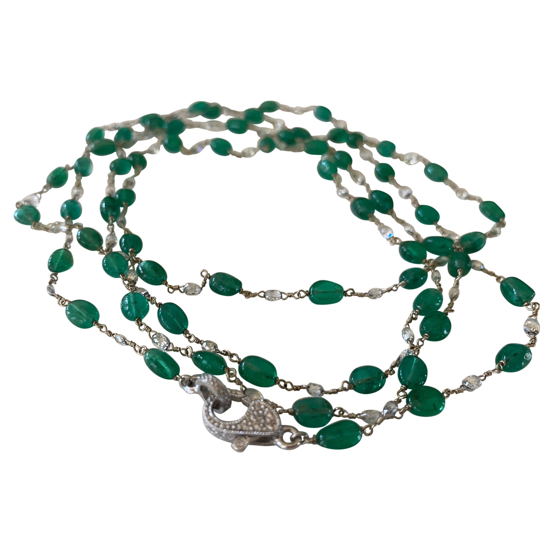 Vintage Natural Green Emerald and Diamond Chain Necklace 
