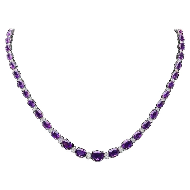 36.30Ct Natural Amethyst and Diamond 14K Solid White Gold Necklace For Sale