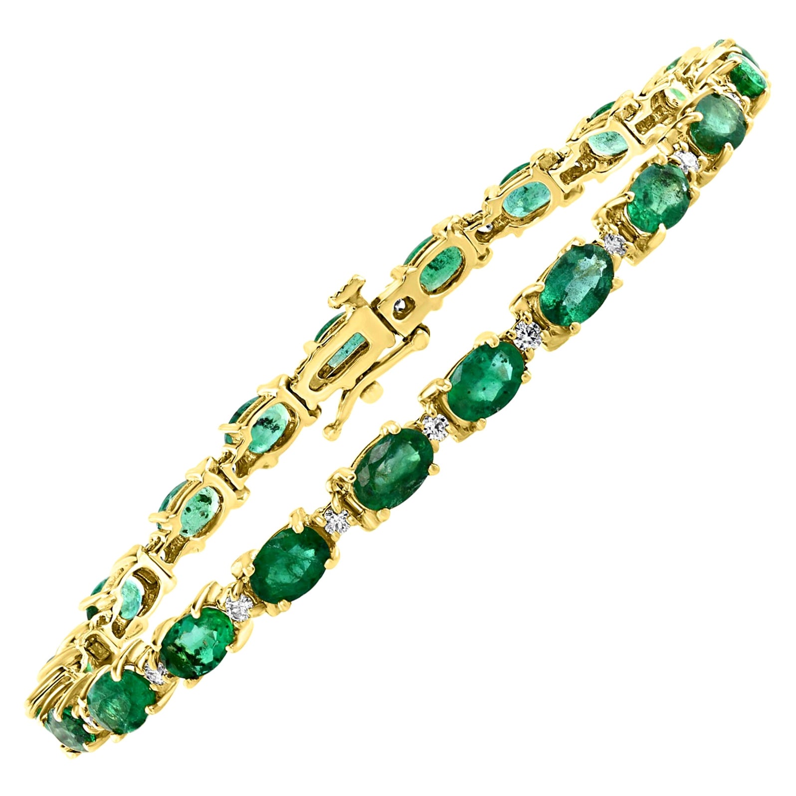 8 Carat Emerald and Diamond Tennis Bracelet 14 Karat Yellow Gold For Sale
