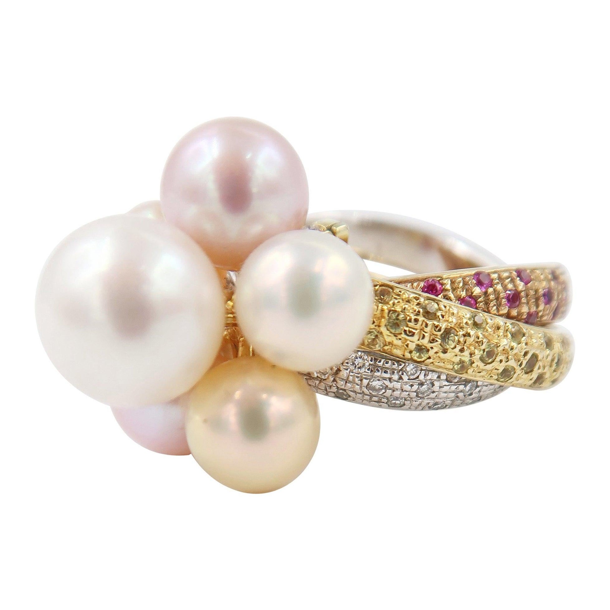 Trinity Pavé Diamond Pink Yellow Sapphire 18K Gold Ring w/ Detachable Pearl Head For Sale