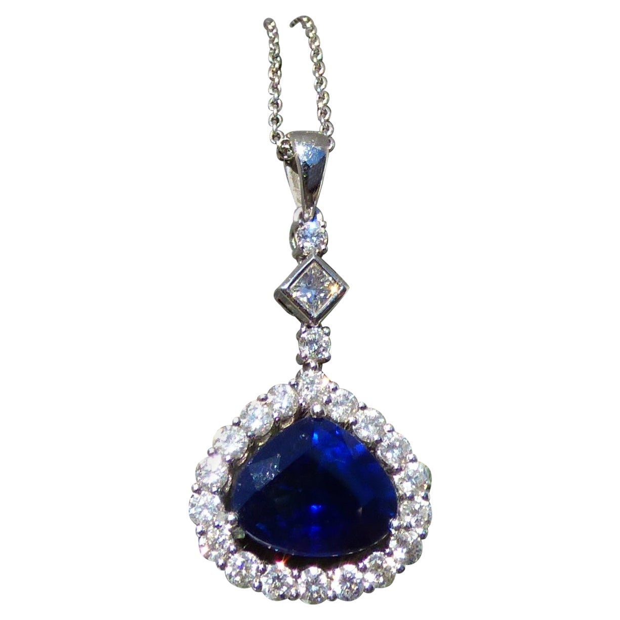 Pear Shaped Sapphire and Diamond Pendant in 18K White Gold For Sale