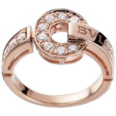 Signed Bulgari Circle of Pave Diamonds Set in 18kt Pink Rose Gold Ring Brand New