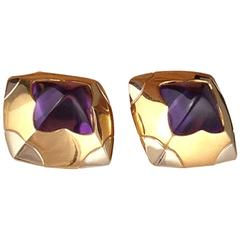 Bvlgari Amethyst Cabochon Two Color Gold Pyramid Earrings Brand New Never Worn