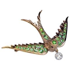 Antique Russian Demantoid Diamond Gold Bird Brooch