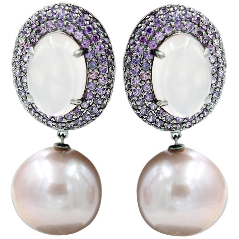Pink Sapphire F/W Pearls Rose Quartz Earrings For Sale
