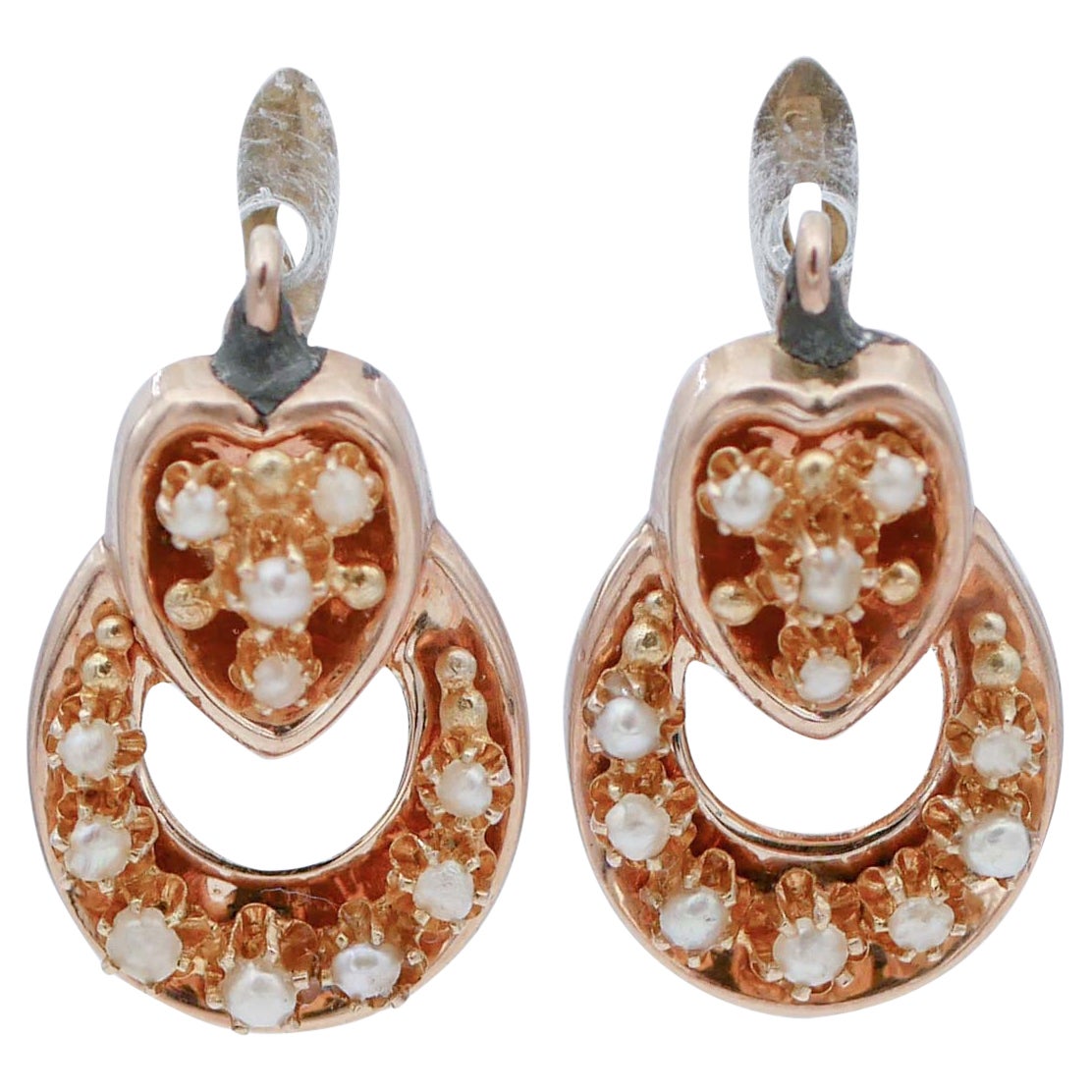 Pearls, 12 Karat Rose Gold Retrò Earrings For Sale