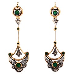 0.90 Carat White Rose Cut Diamond Emerald Yellow Gold Lever-Back Drop Earrings