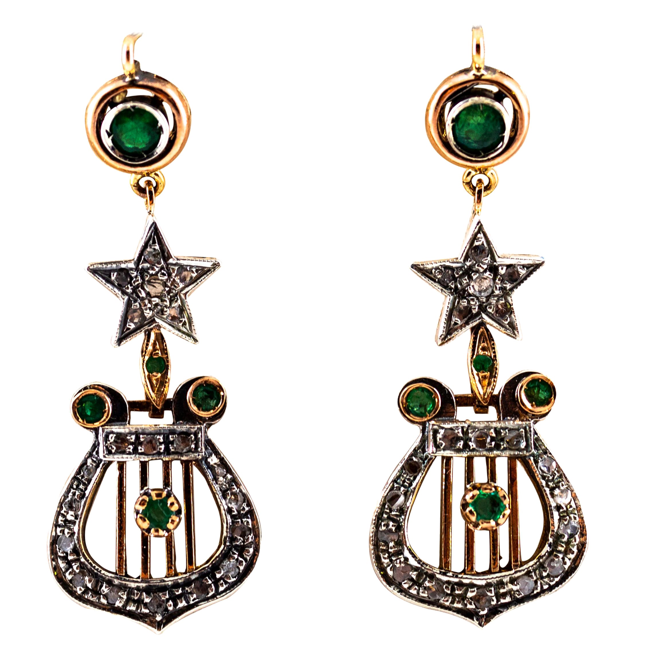 1.20 Carat White Rose Cut Diamond Emerald Yellow Gold Lever-Back Drop Earrings For Sale