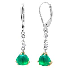 Trillion Cabochon Emerald Diamond Gold Lever Back Hoop Earrings