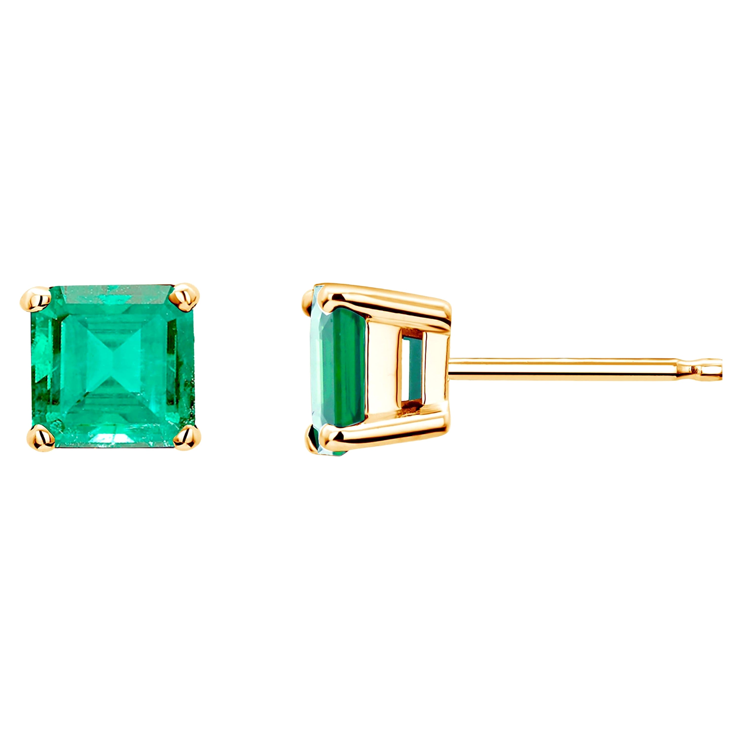 Emerald Cut Colombia Emerald Yellow Gold Stud Earrings