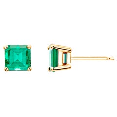Emerald Cut Colombia Emerald Yellow Gold Stud Earrings