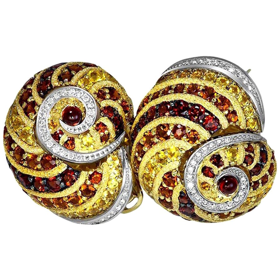 Alex Soldier Sapphire Garnet Ruby Diamond Citrine Gold Platinum Snail Earrings For Sale