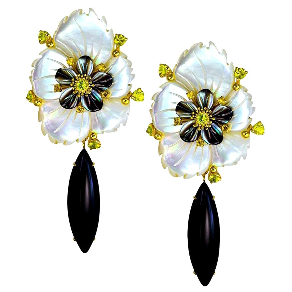 Alex Soldier Sapphire Onyx Carved Mother of Pearl Gold Convertible Earrings