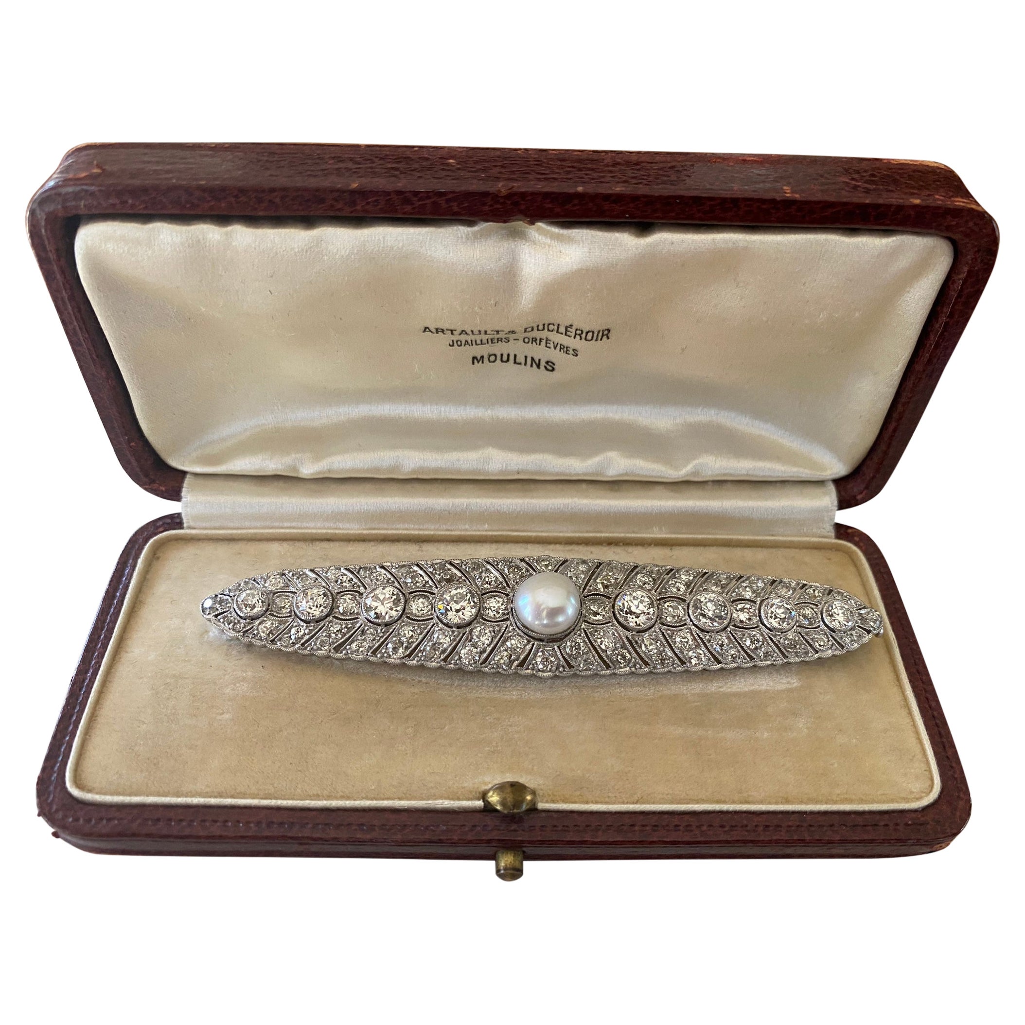 Art Deco Pearl and Diamond Platinum Brooch  For Sale