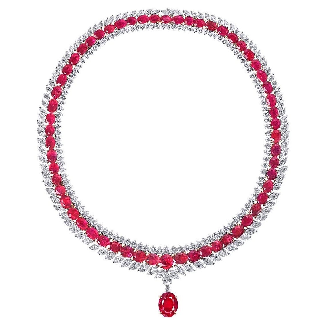 Emilio Jewelry Certified 110.00 Carat Burma No Heat Vivid Red Ruby Necklace  For Sale