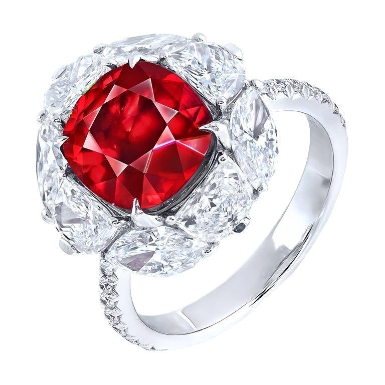 Emilio Jewelry Certified 5 Carat No Heat Vivid Red Ruby Ring For Sale