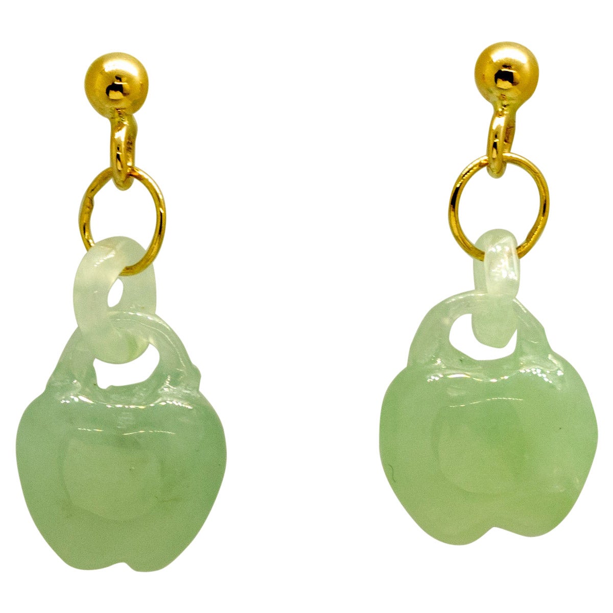 Carved Natural Jadeite Jade Apples 18K Yellow Gold Dangle Earrings Intini Jewels For Sale
