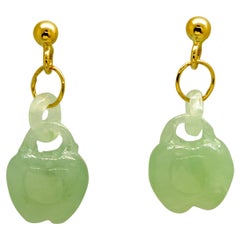 Carved Natural Jadeite Jade Apples 18K Yellow Gold Dangle Earrings Intini Jewels