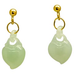 Carved Natural Jadeite Jade Hearts 18K Yellow Gold Dangle Earrings Intini Jewels