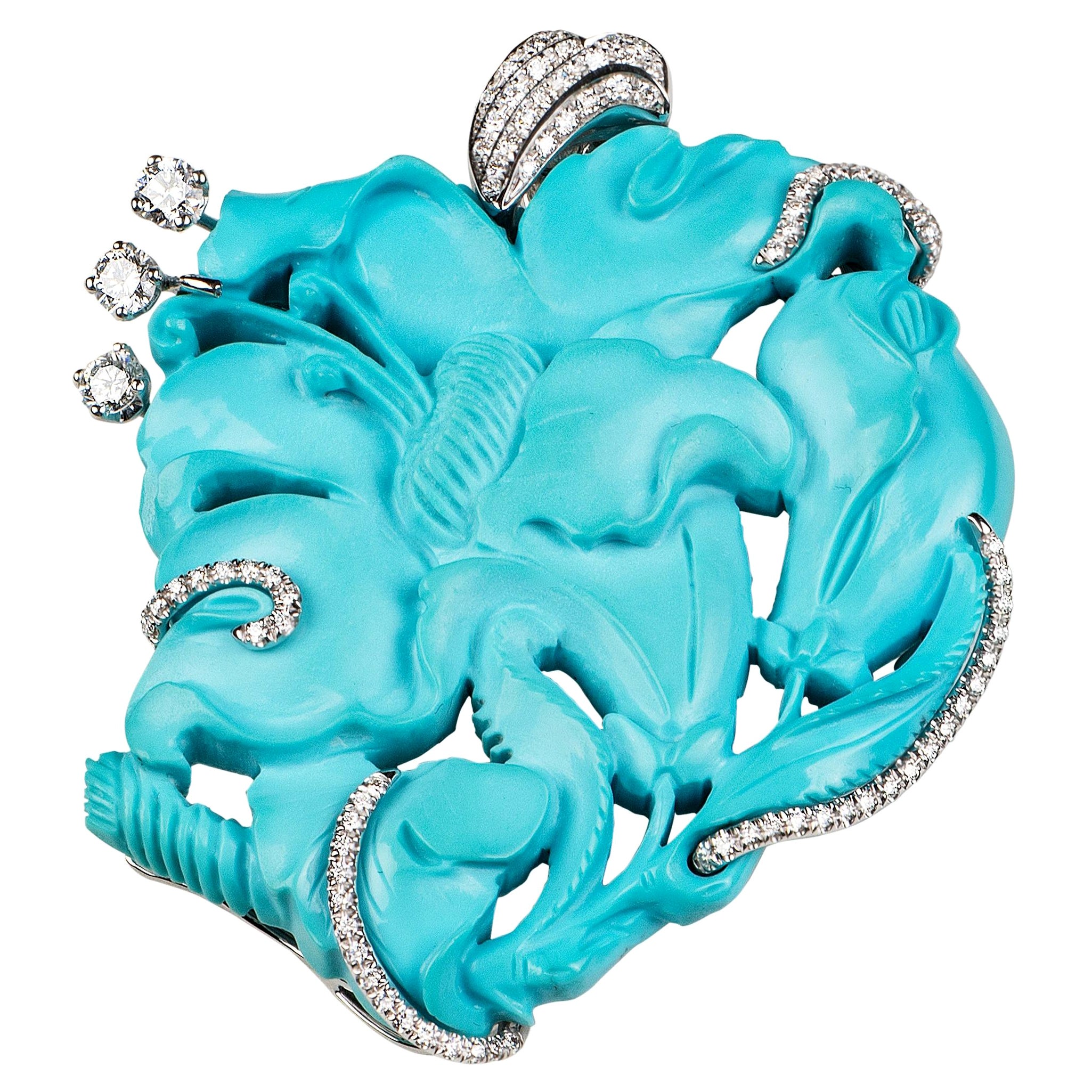 Collier broche transformer en or avec turquoise naturelle et diamants