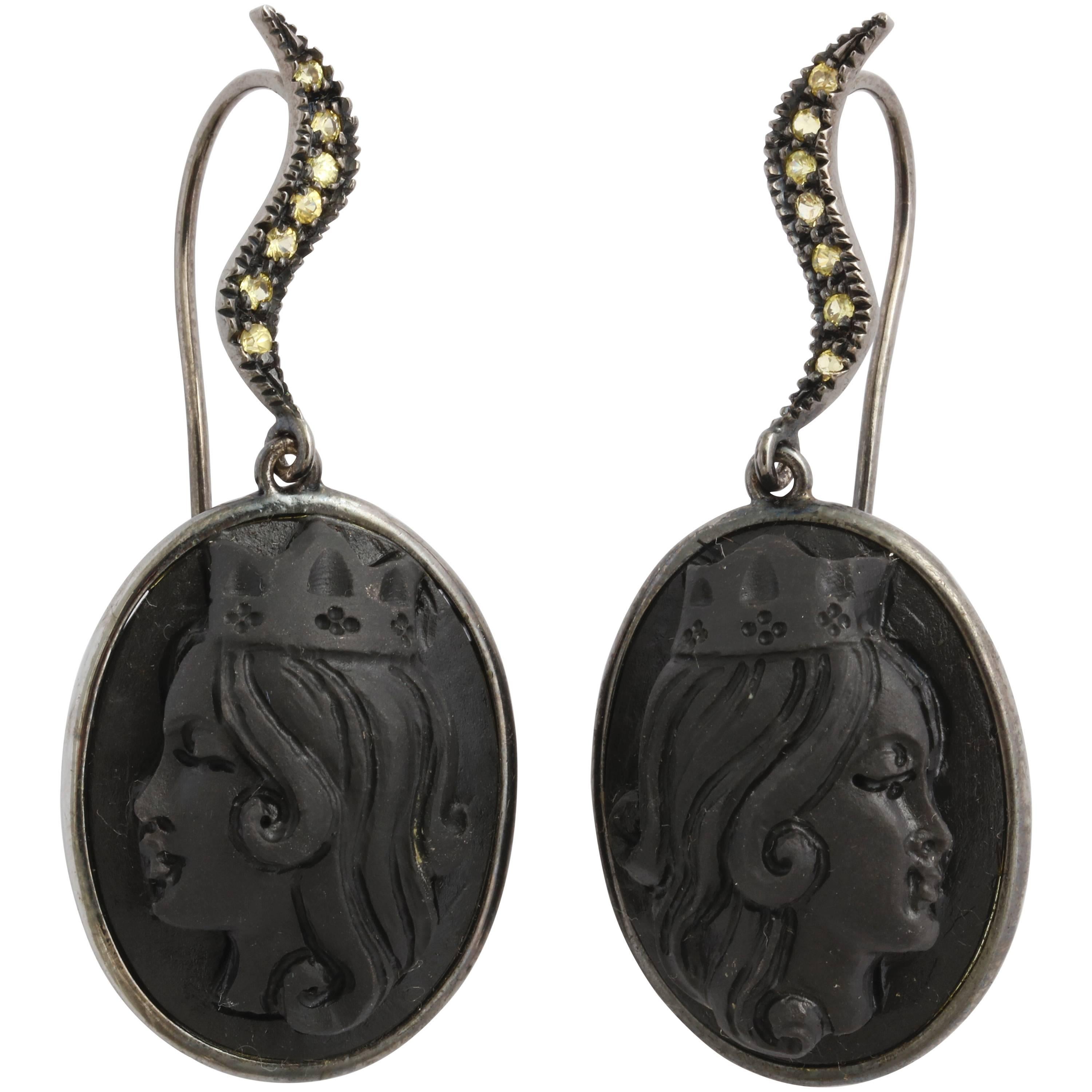Amedeo "Reale" Black Lava Cameo Earrings For Sale
