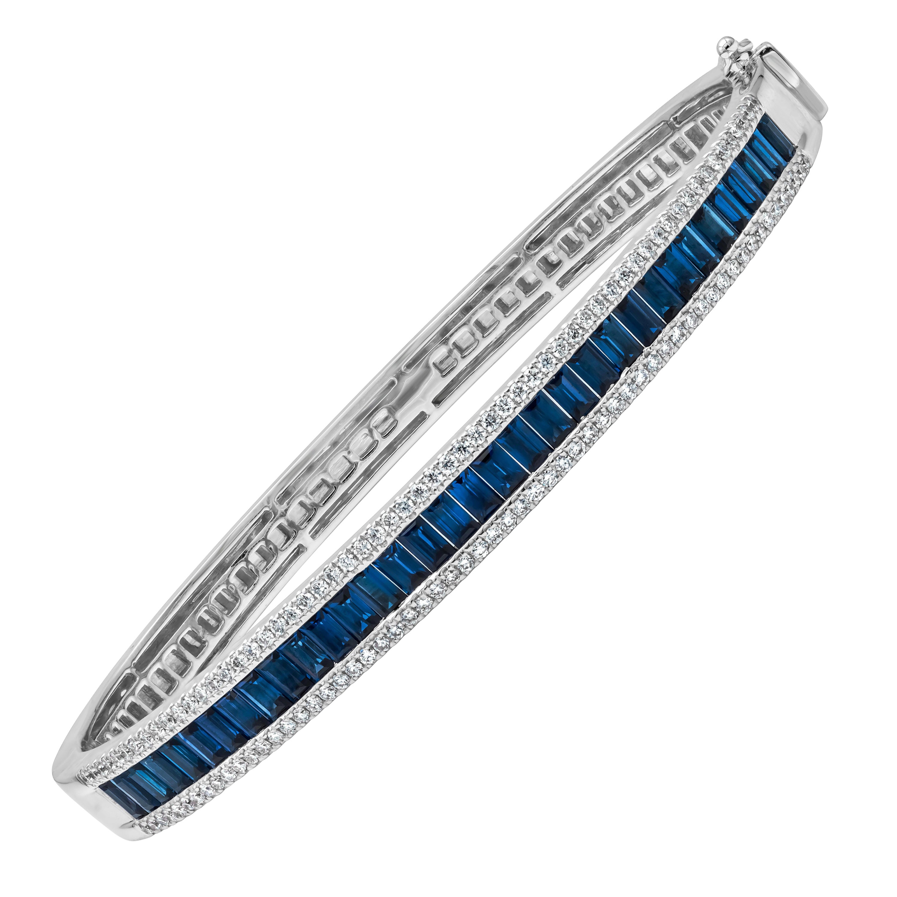 Roman Malakov 3.84 Carat Baguette Cut Sapphire with Diamond Bangle Bracelet For Sale