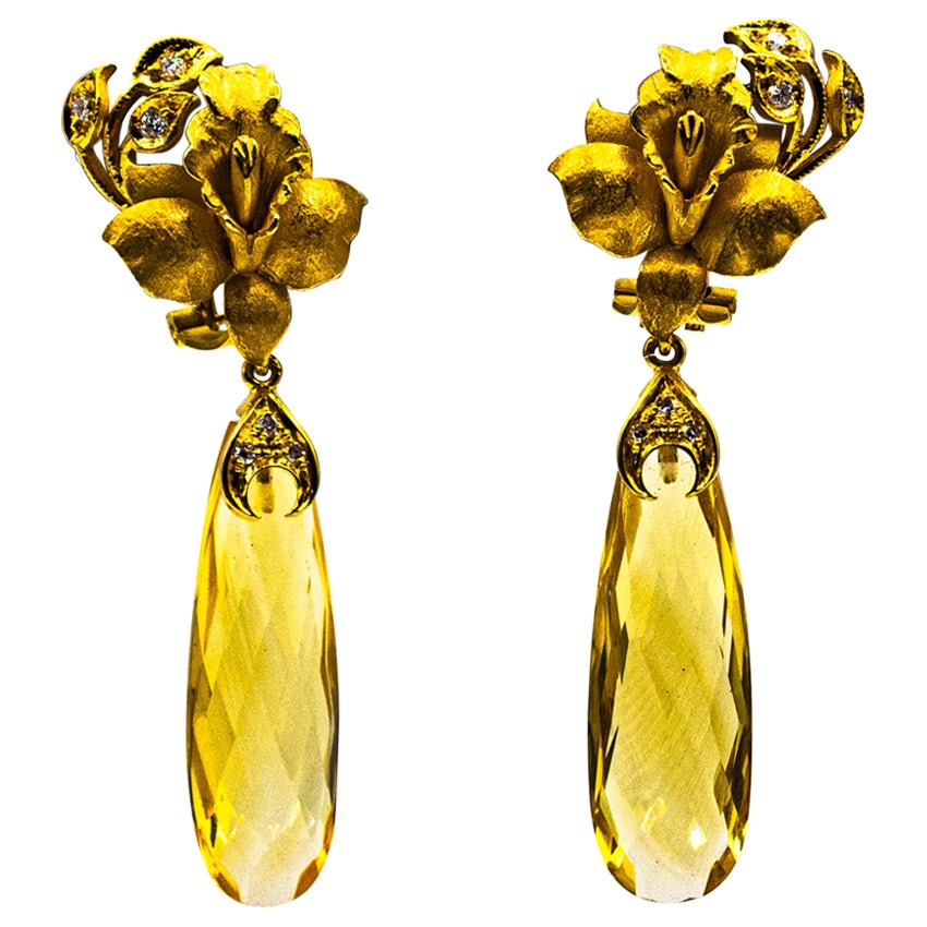 Art Nouveau Style White Diamond Citrine Yellow Gold Clip-On Drop Earrings
