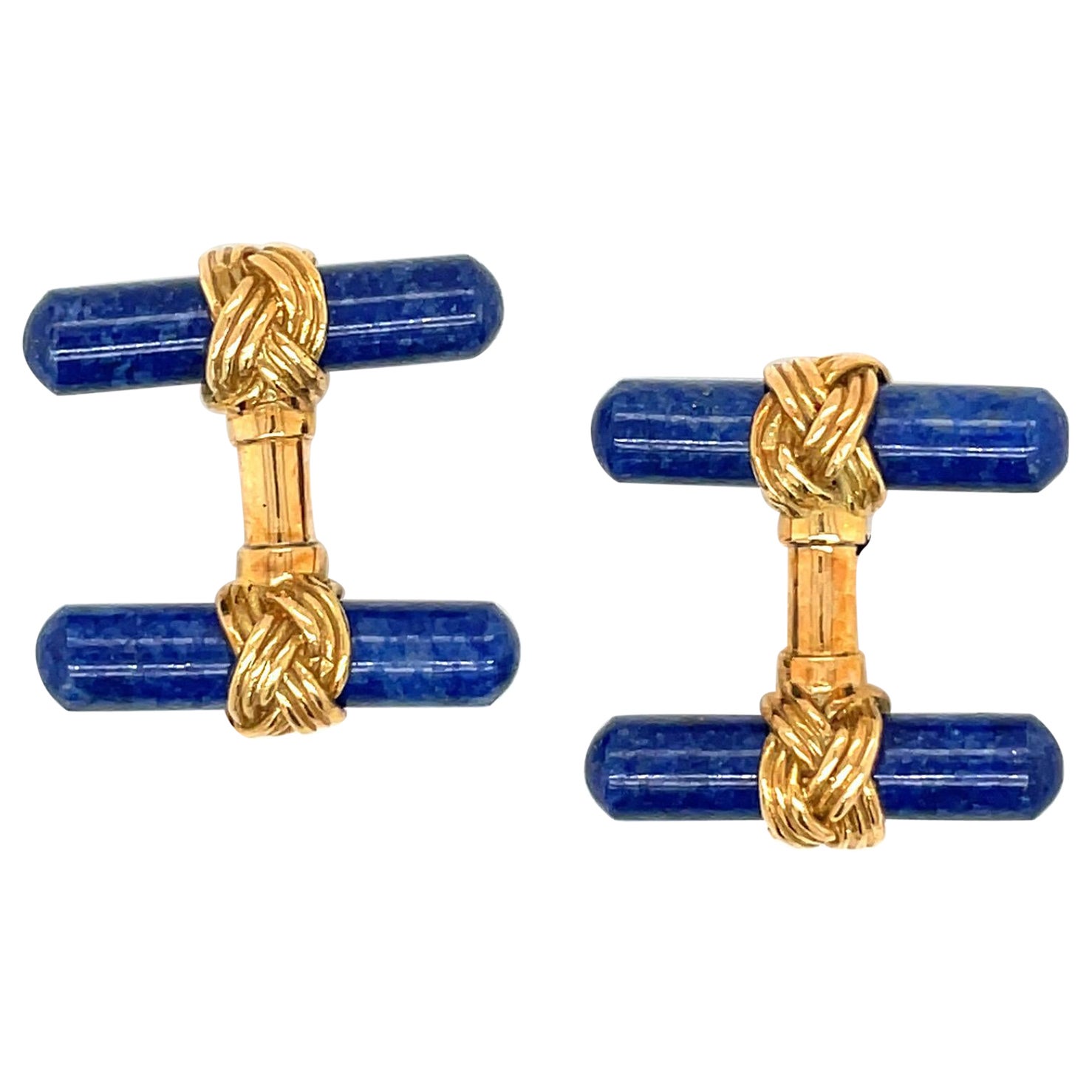 18KT Yellow Gold and Lapis Cuff-Links For Sale