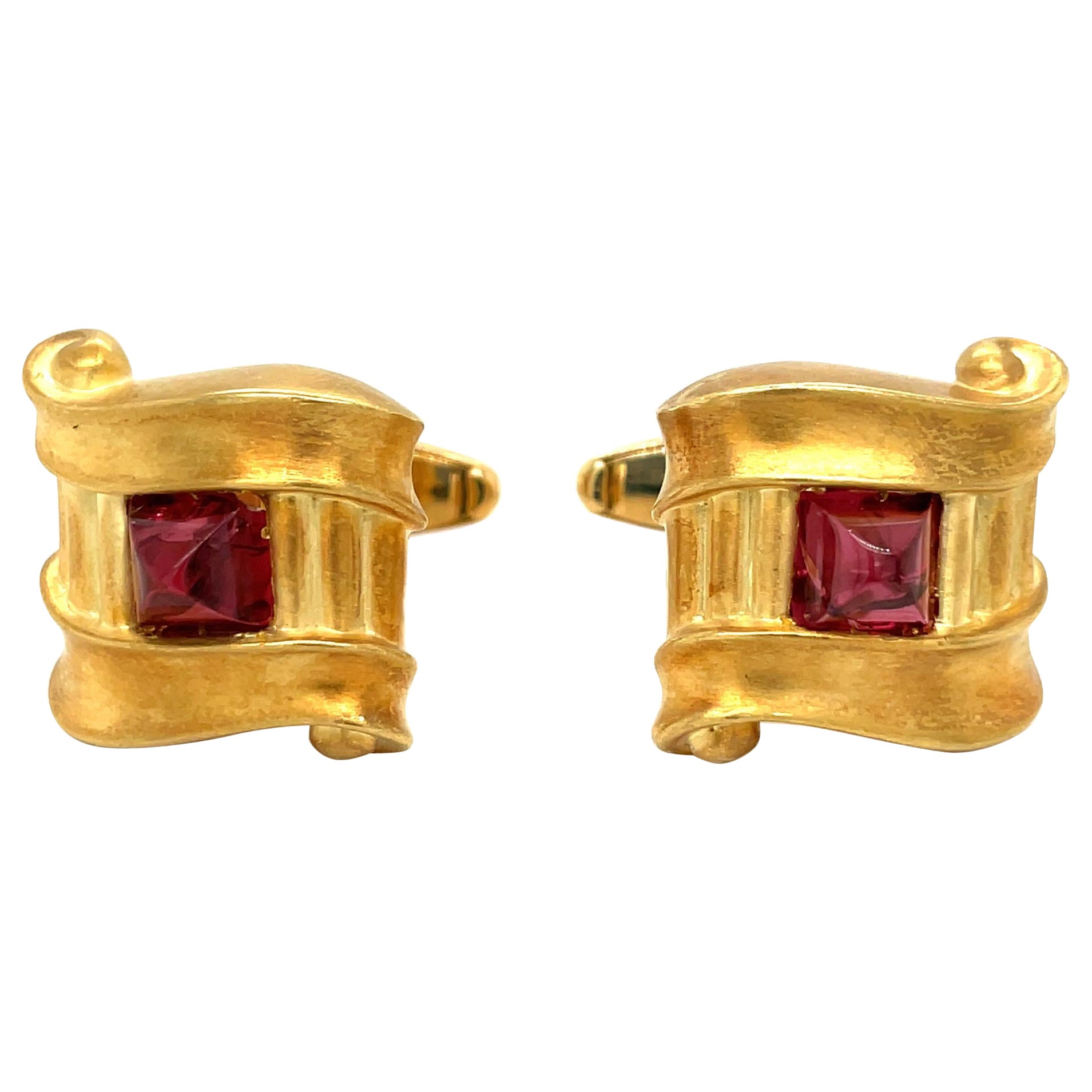 18KT Yellow Gold Cuff Links with Rhodolite Centers For Sale