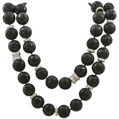 47-Piece Carved Black Jade and Diamond Rondel Necklace