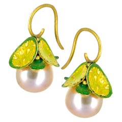Eva Steinberg Enamel Freshwater Pearl Green Yellow Opalescent Drop Earrings