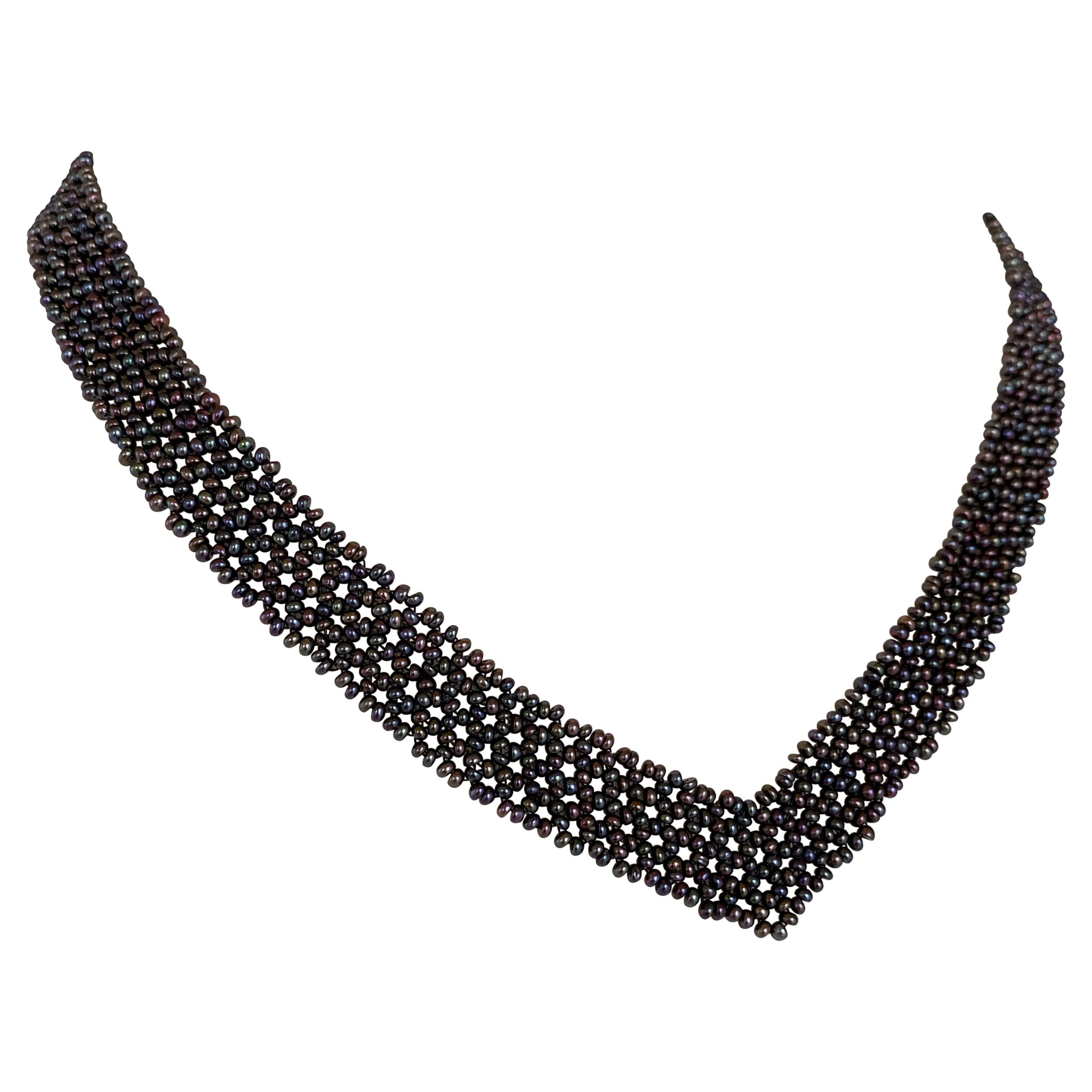 Marina J Woven Black Seed Pearl "V" Necklace with 14K Yellow Gold Clasp & Brooch