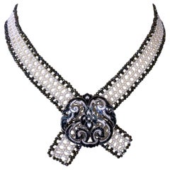 Marina J White Woven Pearl and Black Spinel Collar Necklace with Sliding Clasp