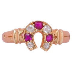 Antique 18 Carat Gold Diamond and Ruby Victorian Horse Shoe Ring