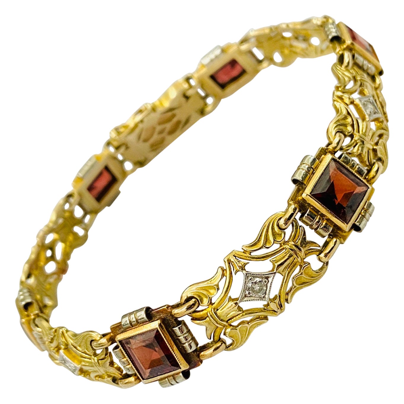 Bracelet de créateur Art déco en or 14 carats avec tourmaline de 6 carats et diamants pour hommes en vente