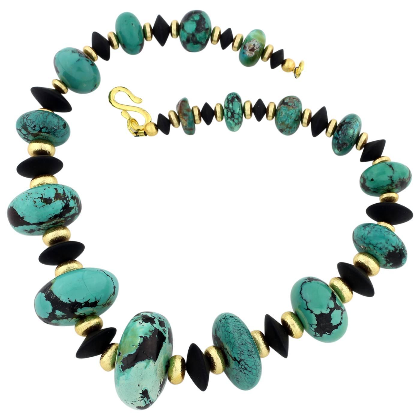 AJD Statement Necklace of Graduated Extra-Large Blue Turquoise  & Black Onyx  For Sale