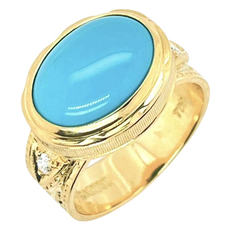 3.56 Carat Oval Sleeping Beauty Turquoise and Diamond Yellow Gold Band Ring