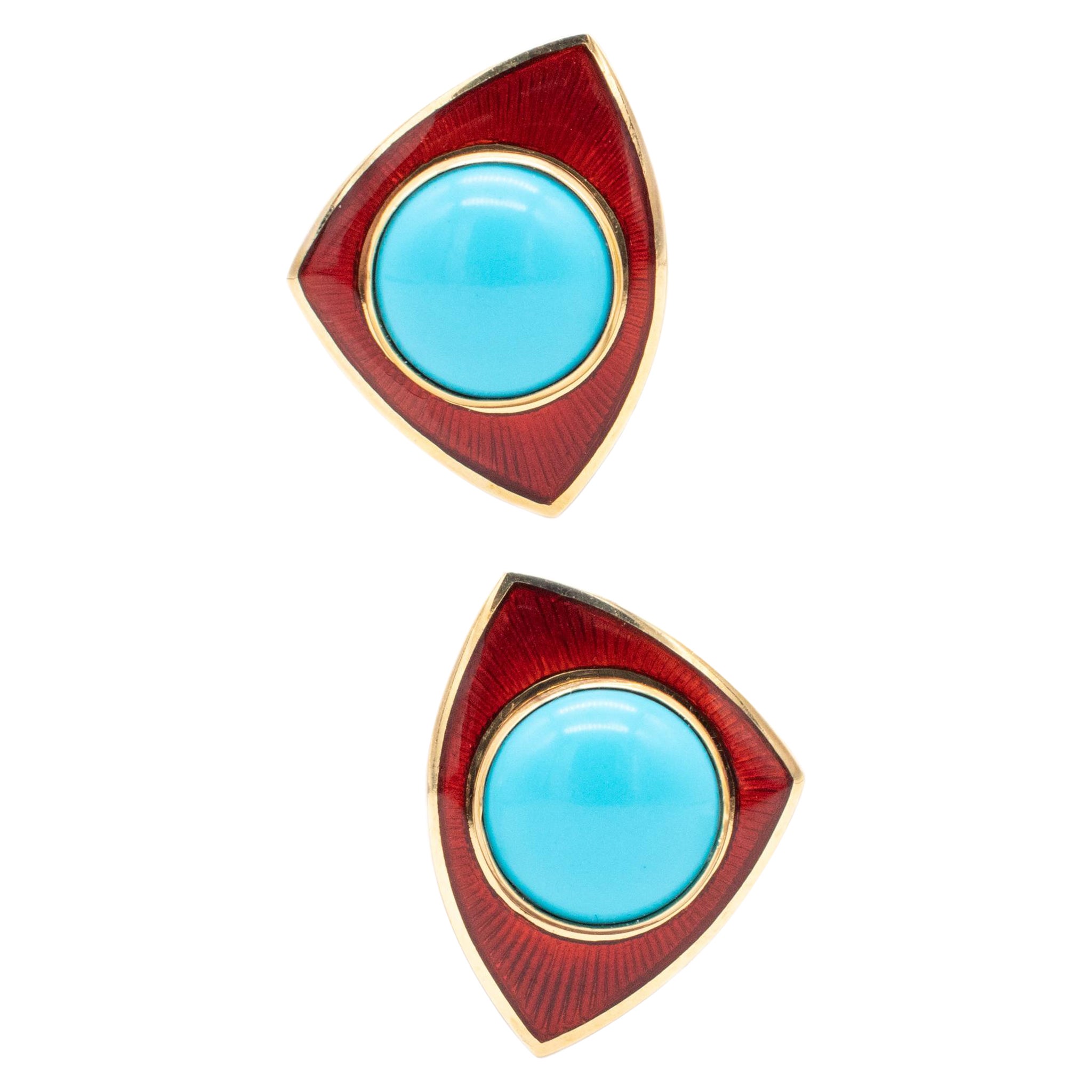 Leo De Vroomen London Enameled Clips Earrings 18kt Gold with 24.5 Cts Turquoise For Sale