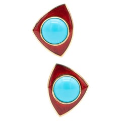 Leo De Vroomen London Enameled Clips Earrings 18kt Gold with 24.5 Cts Turquoise