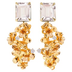 Eighteen Karat Yellow Gold Stud Earrings with Diamonds and Light Pink Morganites