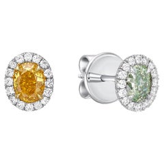 Emilio Jewelry 0.91 Carat Fancy Yellow And Light Green Oval Diamond Studs