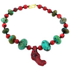 Natural Bamboo Coral &Turquoise Necklace with Coral Drop