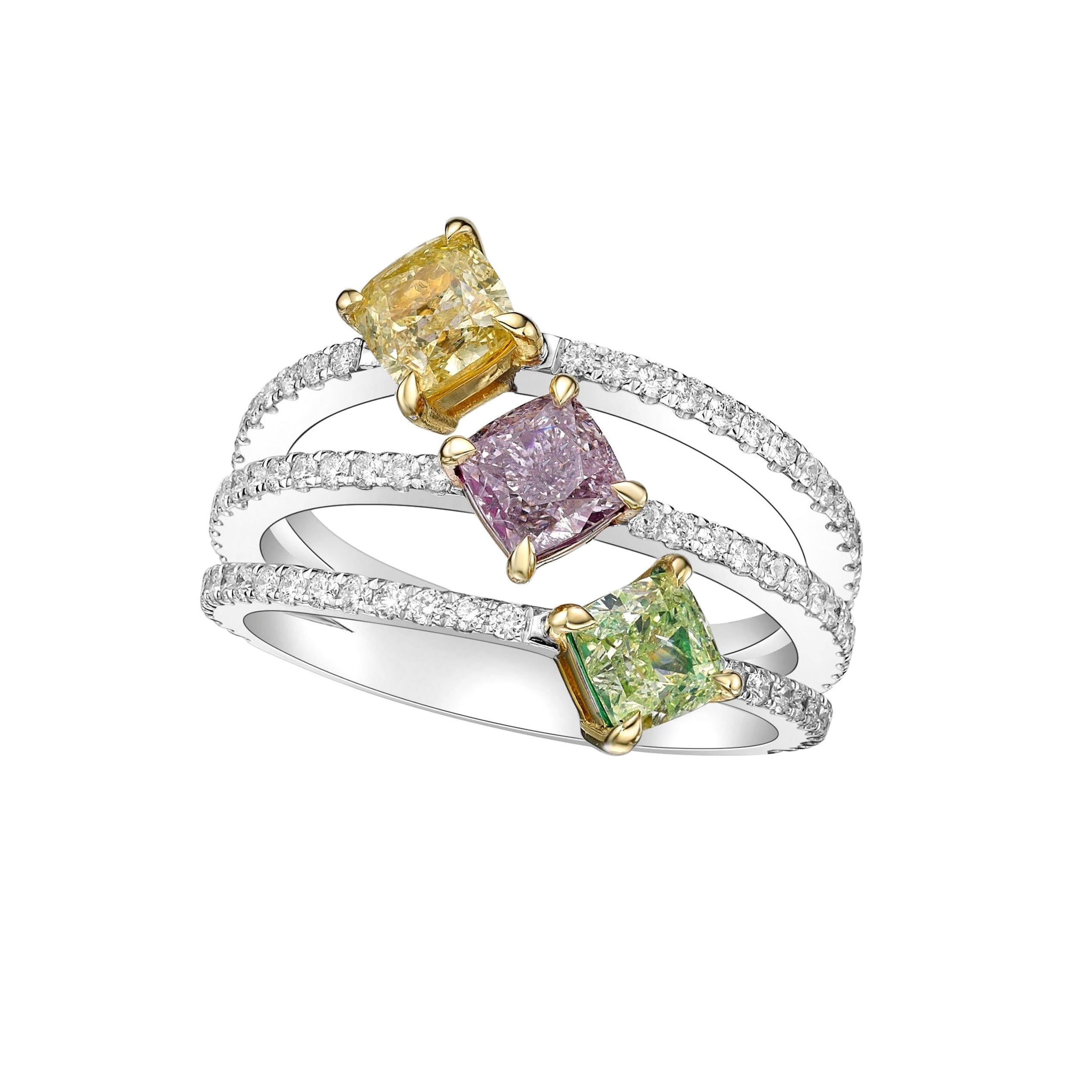 Bague Emilio Jewelry Gia certifiée 2,17 carats de diamants verts, roses et jaunes naturels en vente