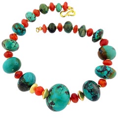 Superbe collier fantaisie AJD extra-large en turquoise naturelle et cornaline