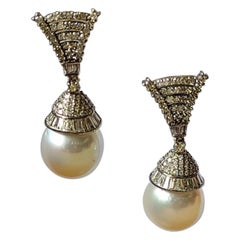 Natural Pearl & Diamonds Art Deco Style Victorian Drop / Dangle Earring