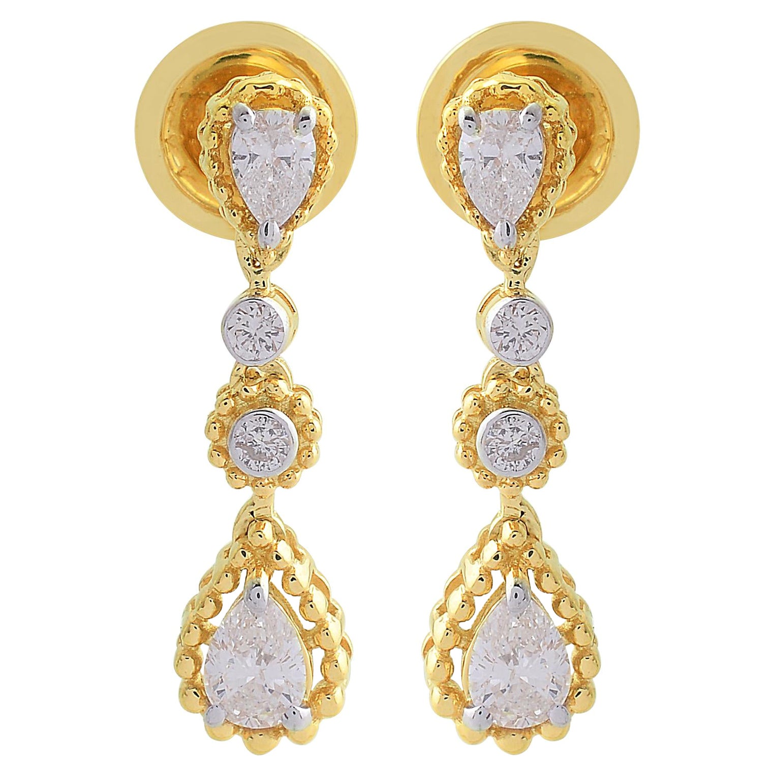 SI Clarity HI Color Pear & Round Diamond Dangle Earrings 18k Yellow Gold Jewelry For Sale
