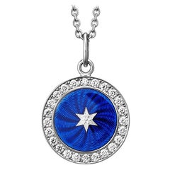 Pendant Necklace with Star 18k White Gold Blue Enamel 24 Diamonds 0.36 ct G VS