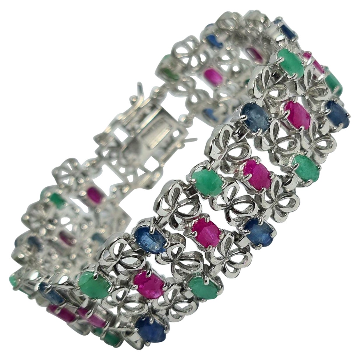 Natural Untreated Sapphire Ruby Emerald Sterling Silver Rhodium Plated Bracelet  For Sale