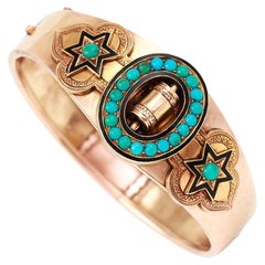 Victorian 15ct Gold Turquoise and Enamel Star and Buckle Bangle, Circa 1880